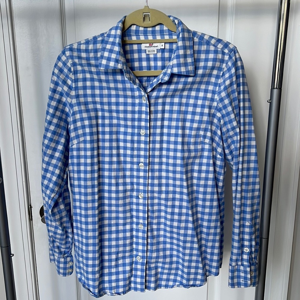 Blue and white checkered button down shirt